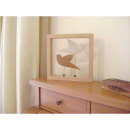 Modern 3D Birds - Handmade Ceramic & Wood Frame Art Decor Ornament - Brown & Beige 10.2" (26cm)