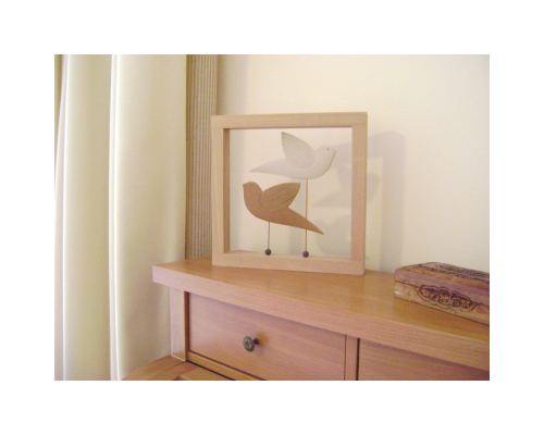 Modern 3D Birds - Handmade Ceramic & Wood Frame Art Decor Ornament - Brown & Beige 10.2" (26cm)