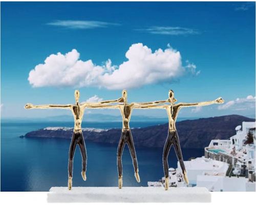 "Three Greek Sirtaki Dancers" Metal Sculpture - Handmade Bronze on Marble Base, Male Dancers