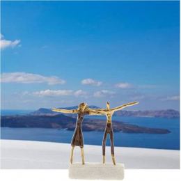 "Two Greek Sirtaki Dancers" Metal Sculpture - Handmade Bronze on Marble Base, Male & Female