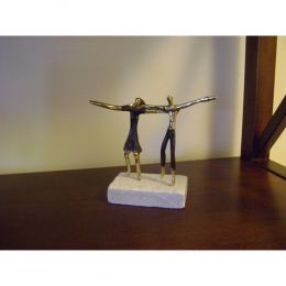 "Two Greek Sirtaki Dancers" Metal Sculpture - Handmade Bronze on Marble Base, Male & Female