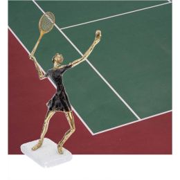 "Tennis Player" Metal Sculpture - Handmade Bronze on Marble Base - Female Figure Ornament