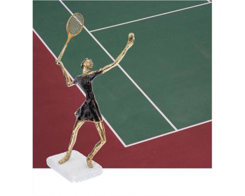 "Tennis Player" Metal Sculpture - Handmade Bronze on Marble Base - Female Figure Ornament