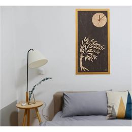 Olive Tree & Round Clock, Wood & Metal Framed Wall Art Ornament - Gold Color, Height 63cm (24.8'')