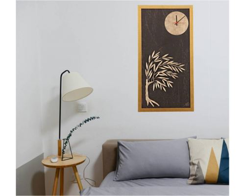 Olive Tree & Round Clock, Wood & Metal Framed Wall Art Ornament - Gold Color, Height 83cm (32.6'')