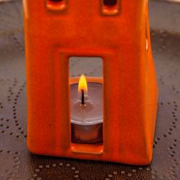 Orange Candle Lantern, House Design - Modern Handmade Ceramic - Small