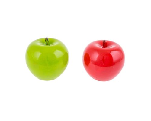 Apples Set of 2 - Modern Ceramic Handmade Decor Ornament, Green & Red 3.9', 10cm