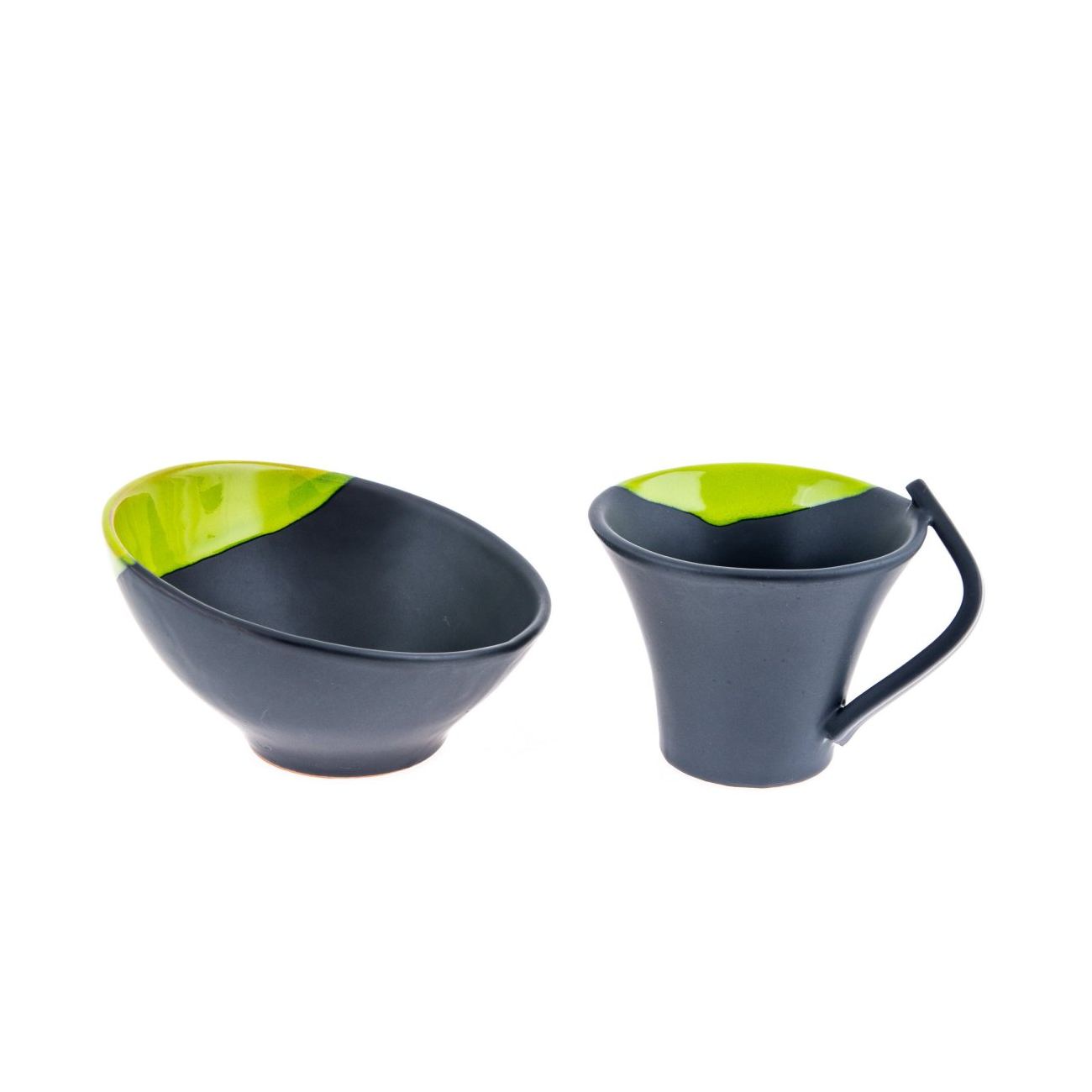 Bowl & Mug or Cup Set Modern Handmade Ceramic Green & Black