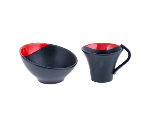 Bowl & Mug or Cup Set, Modern Handmade Ceramic, Red & Black