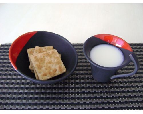 Bowl & Mug or Cup Set, Modern Handmade Ceramic, Red & Black