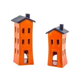 Orange Candle Lanterns Set, House Design - Modern Handmade Ceramic, Large & Small