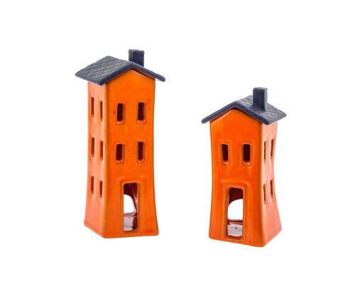 Orange Candle Lanterns Set, House Design - Modern Handmade Ceramic, Large & Small