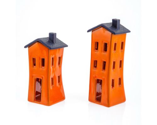 Orange Candle Lanterns Set, House Design - Modern Handmade Ceramic, Large & Small