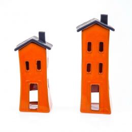 Orange Candle Lanterns Set, House Design - Modern Handmade Ceramic, Large & Small