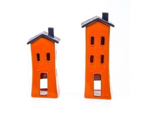 Σετ Κεραμικά Φαναράκια - Σπίτια, Πορτοκαλί - Γκρί, Μικρό & Μεγάλο