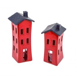 Red Candle Lanterns Set, House Design - Modern Handmade Ceramic, Large & Small