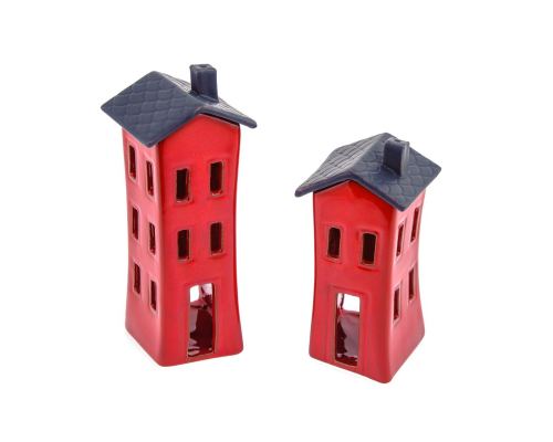 Red Candle Lanterns Set, House Design - Modern Handmade Ceramic, Large & Small