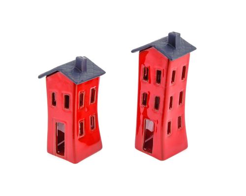 Red Candle Lanterns Set, House Design - Modern Handmade Ceramic, Large & Small