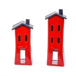 Red Candle Lanterns Set, House Design - Modern Handmade Ceramic, Large & Small