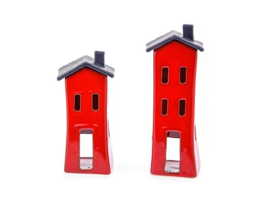 Red Candle Lanterns Set, House Design - Modern Handmade Ceramic, Large & Small