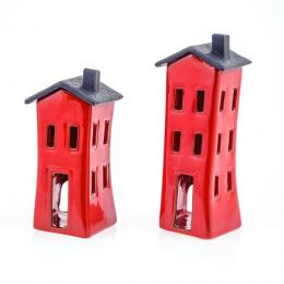 Red Candle Lanterns Set, House Design - Modern Handmade Ceramic, Large & Small