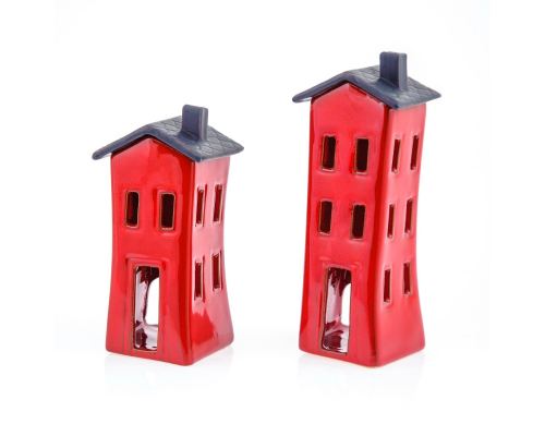 Red Candle Lanterns Set, House Design - Modern Handmade Ceramic, Large & Small