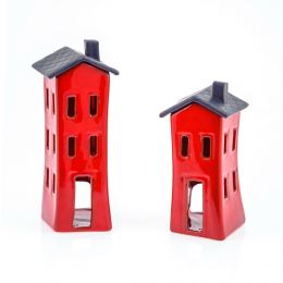 Σετ Κεραμικά Φαναράκια - Σπίτια Κόκκινο - Γκρί, Μικρό & Μεγάλο