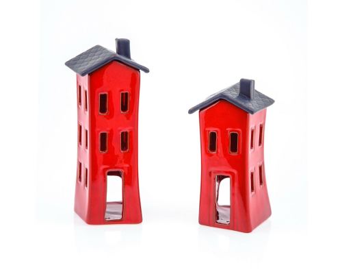 Red Candle Lanterns Set, House Design - Modern Handmade Ceramic, Large & Small