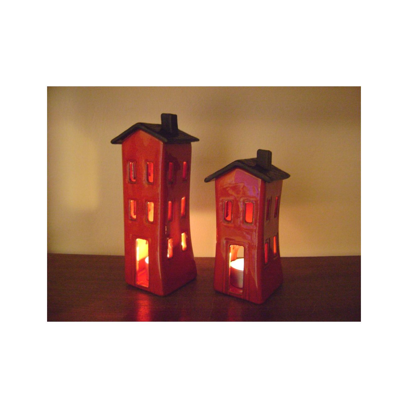 Red Candle Lantern, House Design - Modern Handmade Ceramic - Small