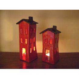 Red Candle Lantern, House Design - Modern Handmade Ceramic - Small