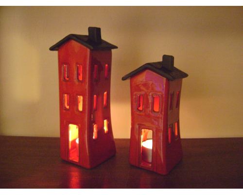 Red Candle Lantern, House Design - Modern Handmade Ceramic - Large