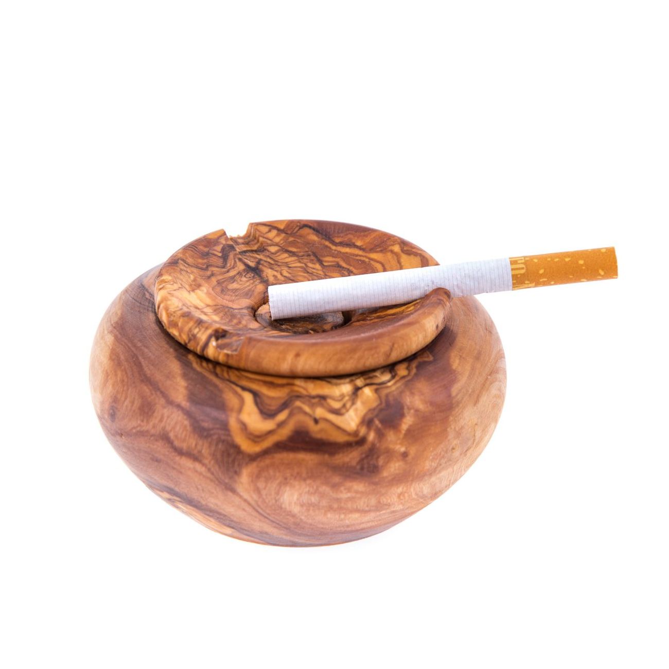 Olive Wood Ashtray with Cover, Round Shape