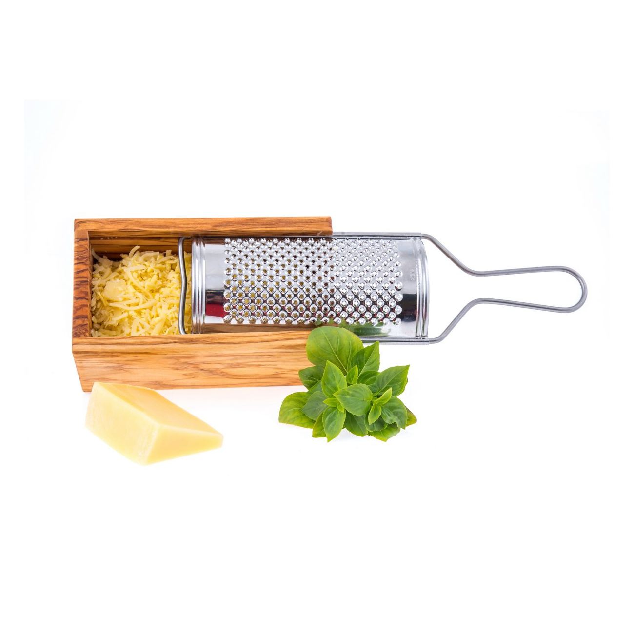 olive wood cheese grater with storage compartment for grated cheese