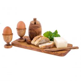 Olive Wood Breakfast Serving Set - Handmade Honey Pot, Honey Dipper, 2 Egg Cups, Butter Knife and Serving Board 