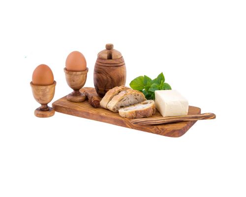 Olive Wood Breakfast Serving Set - Handmade Honey Pot, Honey Dipper, 2 Egg Cups, Butter Knife and Serving Board 