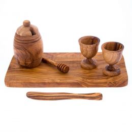 Olive Wood Breakfast Serving Set - Handmade Honey Pot, Honey Dipper, 2 Egg Cups, Butter Knife and Serving Board 