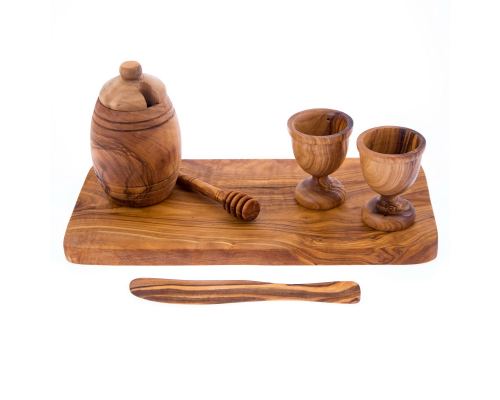 Olive Wood Breakfast Serving Set - Handmade Honey Pot, Honey Dipper, 2 Egg Cups, Butter Knife and Serving Board 