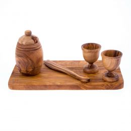 Olive Wood Breakfast Serving Set - Handmade Honey Pot, Honey Dipper, 2 Egg Cups, Butter Knife and Serving Board 