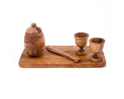 Olive Wood Breakfast Serving Set - Handmade Honey Pot, Honey Dipper, 2 Egg Cups, Butter Knife and Serving Board 