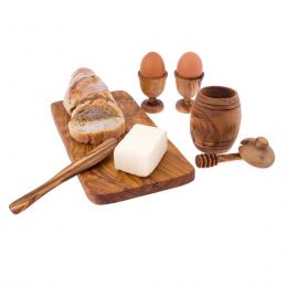 Olive Wood Breakfast Serving Set - Handmade Honey Pot, Honey Dipper, 2 Egg Cups, Butter Knife and Serving Board 