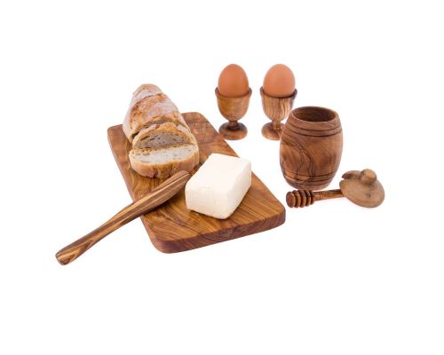 Olive Wood Breakfast Serving Set - Handmade Honey Pot, Honey Dipper, 2 Egg Cups, Butter Knife and Serving Board 