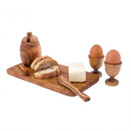 Olive Wood Breakfast Serving Set - Handmade Honey Pot, Honey Dipper, 2 Egg Cups, Butter Knife and Serving Board 