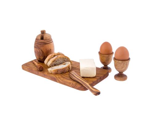 Olive Wood Breakfast Serving Set - Handmade Honey Pot, Honey Dipper, 2 Egg Cups, Butter Knife and Serving Board 