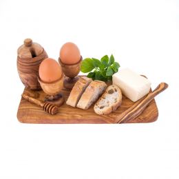 Olive Wood Breakfast Serving Set - Handmade Honey Pot, Honey Dipper, 2 Egg Cups, Butter Knife and Serving Board 