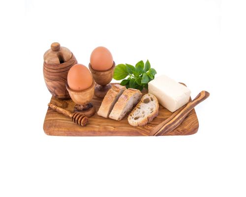 Olive Wood Breakfast Serving Set - Handmade Honey Pot, Honey Dipper, 2 Egg Cups, Butter Knife and Serving Board 