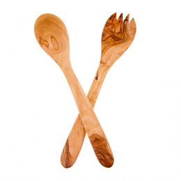 Olive Wood Kitchen Utensils Set of 2 - Handmade Cooking or Serving Wooden Fork & Spoon Set - Large 12.5" (32cm)