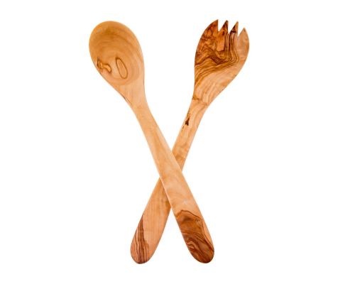 Olive Wood Kitchen Utensils Set of 2 - Handmade Cooking or Serving Wooden Fork & Spoon Set - Large 12.5" (32cm)