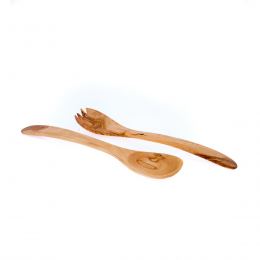 Olive Wood Kitchen Utensils Set of 2 - Handmade Cooking or Serving Wooden Fork & Spoon Set - Large 12.5" (32cm)