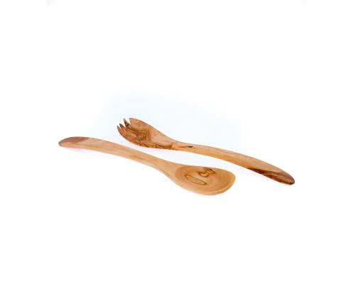 Olive Wood Kitchen Utensils Set of 2 - Handmade Cooking or Serving Wooden Fork & Spoon Set - Large 12.5" (32cm)