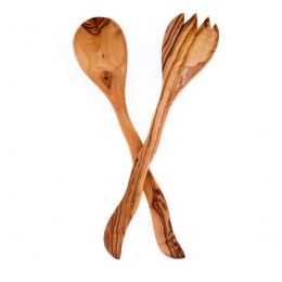 Olive Wood Kitchen Utensils Set of 2 - Handmade Cooking or Serving Wooden Fork & Spoon Set - Curvy Handle Design, Large 12.6" (32cm)